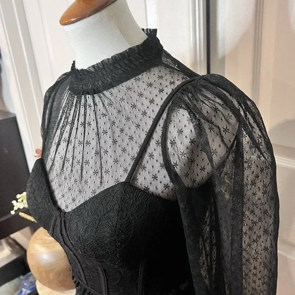 Windsor Womens Black Sheer High Neck Corset Bodycon Dress Sz XS Witchy Victorian - Picture 5 of 11